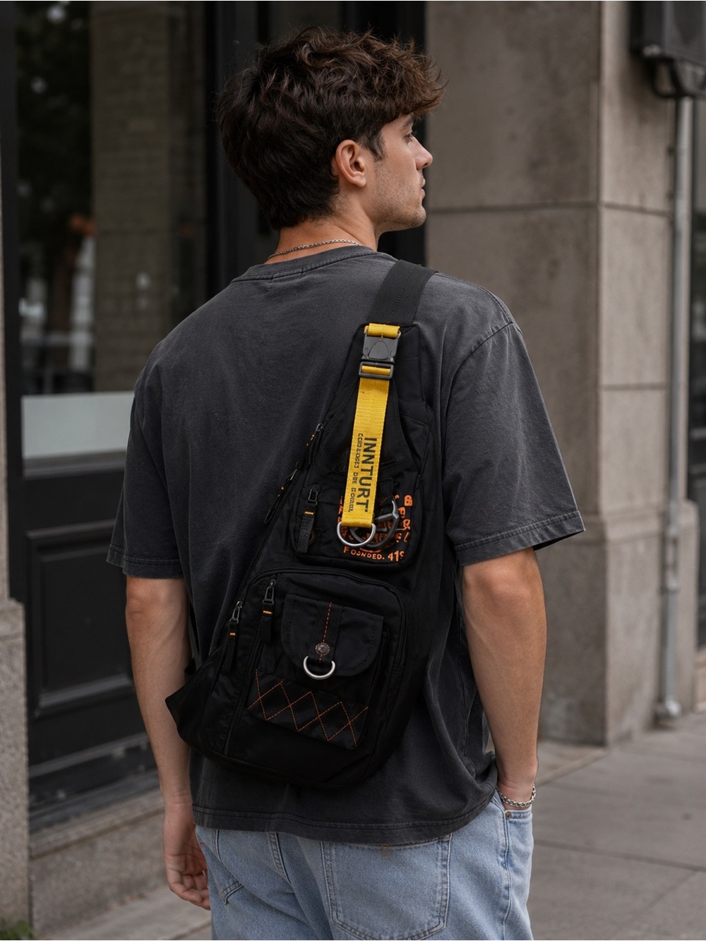 Stylish Black Belt Bag with Yellow Strap